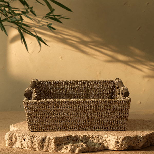 Natural Woven Storage Basket – Rustic Organizer with Wooden Handles - Innerbillion