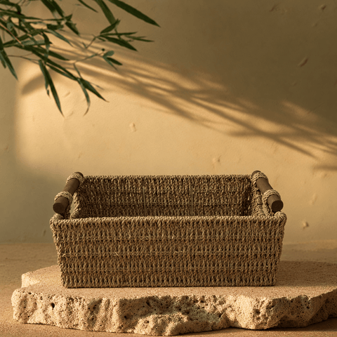 Natural Woven Storage Basket – Rustic Organizer with Wooden Handles - Innerbillion