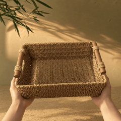 Natural Woven Storage Basket – Rustic Organizer with Wooden Handles - Innerbillion