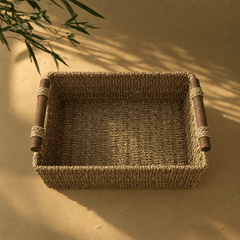 Natural Woven Storage Basket – Rustic Organizer with Wooden Handles - Innerbillion