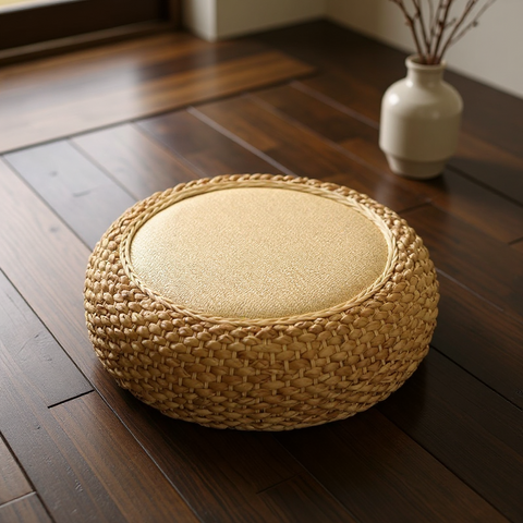 Woven floor cushion on a wooden floor with a vase in the background