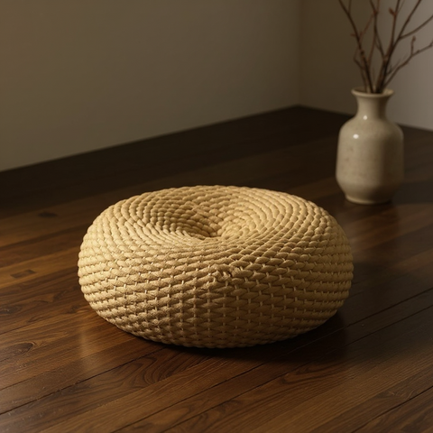 Round woven mat on a wooden floor with a vase in the background
