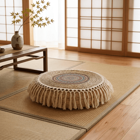 Rustic Jute Floor Cushion – Heavy Duty Tribal Meditation Pouf - Innerbillion