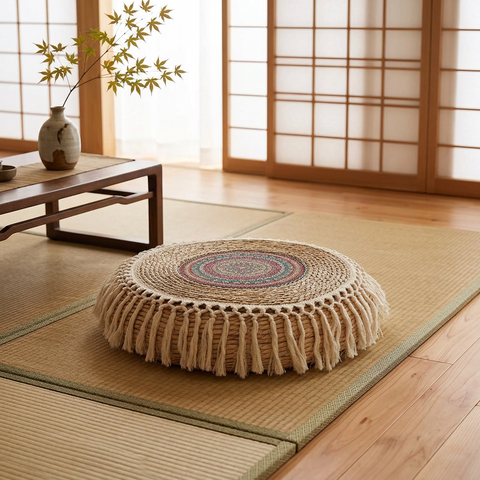 Round woven cushion on a tatami mat floor with a wooden table and decorative plant in the background.