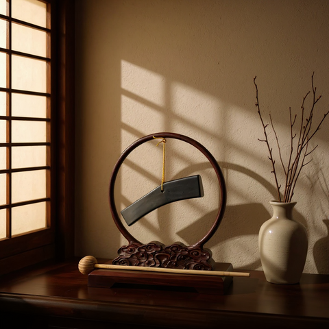 Decorative stone chime with a vase and branches on a wooden surface.