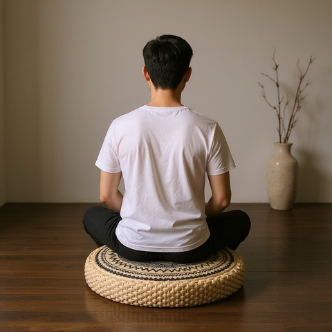 Person sitting cross-legged on a woven meditation cushion in a room with a vase on a shelf.
