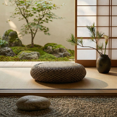 Zen garden with a stone pillow, rocks, and a vase with a plant in a room with a sliding door.