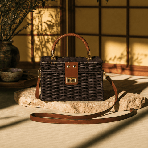 Vintage Woven Handbag – Dark Brown Rattan-Style Crossbody Purse - Innerbillion