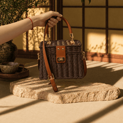Vintage Woven Handbag – Dark Brown Rattan-Style Crossbody Purse - Innerbillion