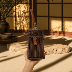 Vintage Woven Handbag – Dark Brown Rattan-Style Crossbody Purse - Innerbillion