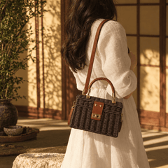 Vintage Woven Handbag – Dark Brown Rattan-Style Crossbody Purse - Innerbillion