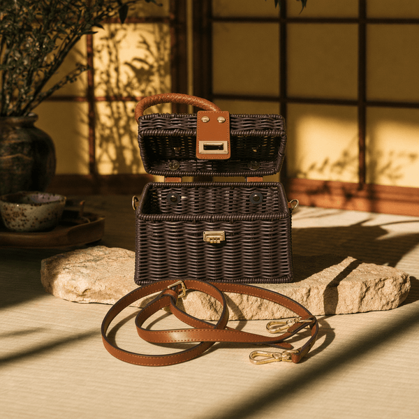 Vintage Woven Handbag – Dark Brown Rattan-Style Crossbody Purse - Innerbillion