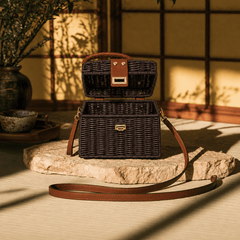 Vintage Woven Handbag – Dark Brown Rattan-Style Crossbody Purse - Innerbillion