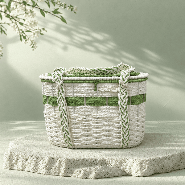 Woven Basket Tote Bag – Green & Cream Shoulder Market Bag - Innerbillion