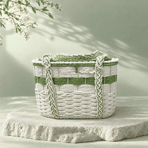 Woven Basket Tote Bag – Green & Cream Shoulder Market Bag - Innerbillion