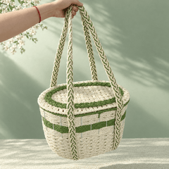 Woven Basket Tote Bag – Green & Cream Shoulder Market Bag - Innerbillion