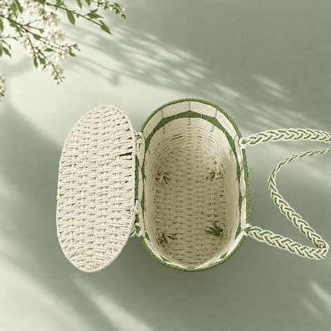 Woven Basket Tote Bag – Green & Cream Shoulder Market Bag - Innerbillion