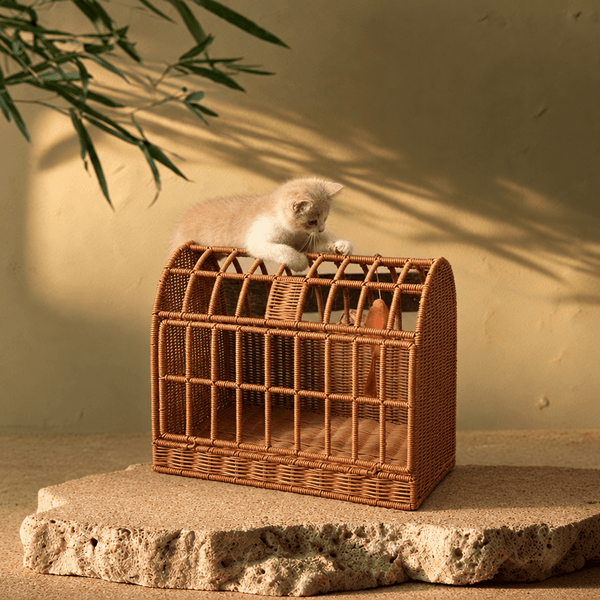 Woven Cat Carrier House with Cushion & Ball Toy – Pet Basket for Cats and Small Pets - Innerbillion