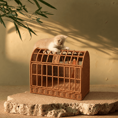 Woven Cat Carrier House with Cushion & Ball Toy – Pet Basket for Cats and Small Pets - Innerbillion
