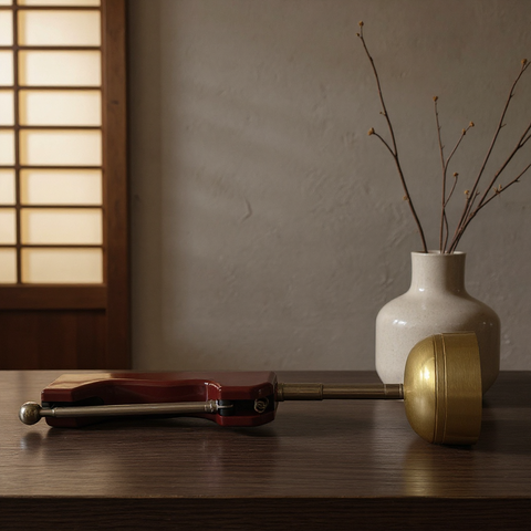 handbell on a table with a vase and branches in the background