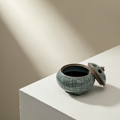 Ceramic pot with a cracked glaze design on a white surface with a beige background