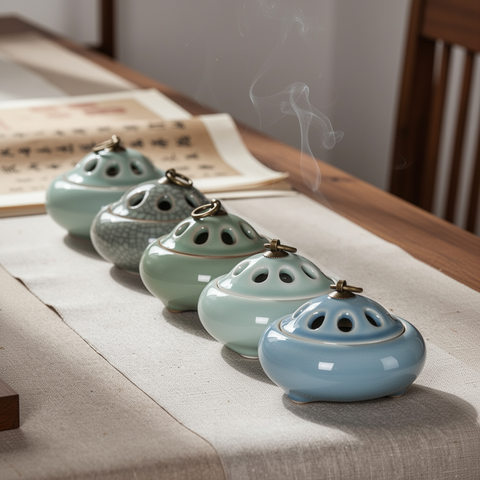 Five ceramic incense burners in a row on a wooden table with smoke rising.