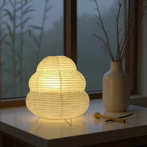 Paper lantern on a table with a vase and branches in the background