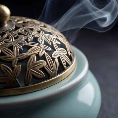 Decorative incense burner with intricate design and smoke on a dark background