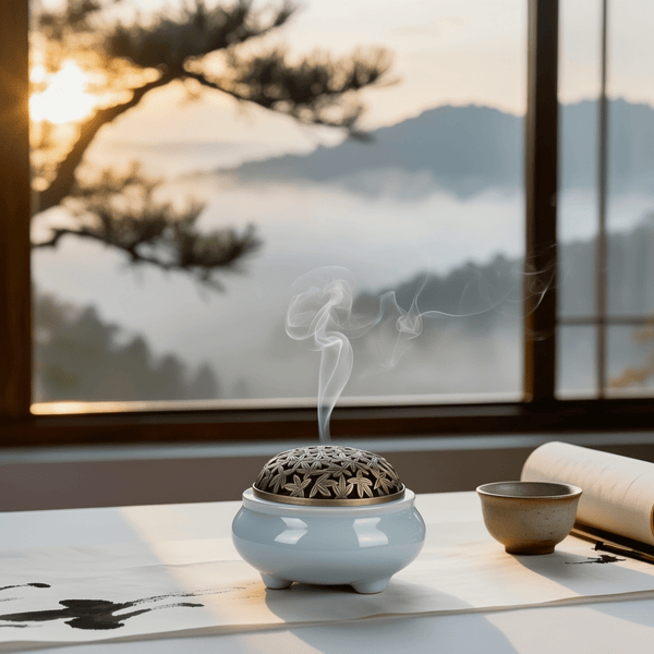 Zen Tripod Celadon Incense Burner – Ceramic Bowl with Brass Leaf Lid - Innerbillion