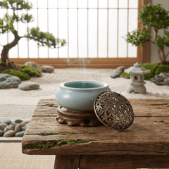 Zen Tripod Celadon Incense Burner – Ceramic Bowl with Brass Leaf Lid - Innerbillion
