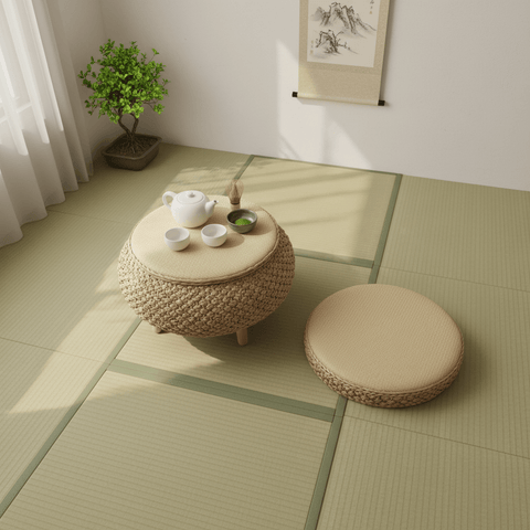 Zen Woven Storage Tea Table Set – Tatami Style Floor Table with Cushions - Innerbillion