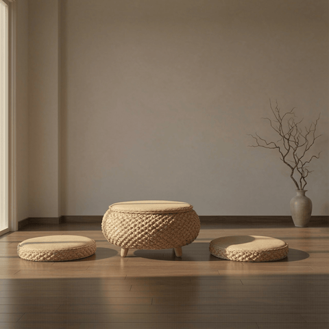 Zen Woven Storage Tea Table Set – Tatami Style Floor Table with Cushions - Innerbillion