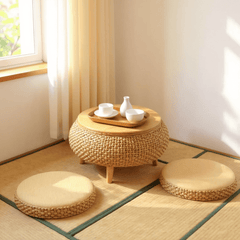 Zen Woven Storage Tea Table Set – Tatami Style Floor Table with Cushions - Innerbillion