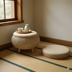Zen Woven Storage Tea Table Set – Tatami Style Floor Table with Cushions - Innerbillion
