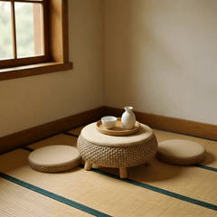 Zen Woven Storage Tea Table Set – Tatami Style Floor Table with Cushions - Innerbillion