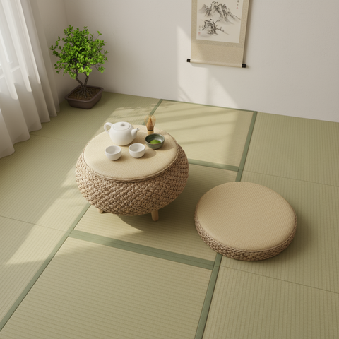 Tea set on a woven table with a cushion on tatami flooring in a room with a plant and artwork.